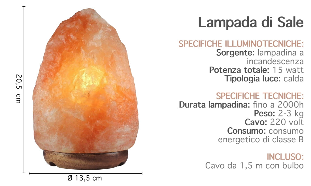Lampada Di Sale Himalayano Originale Naturale Realizzata A Mano Con Base In Legno Di Acacia Pezzo Unico Prodotto Certificato  Con Spina Europea  - 13.5x20.5Cm-3Kg