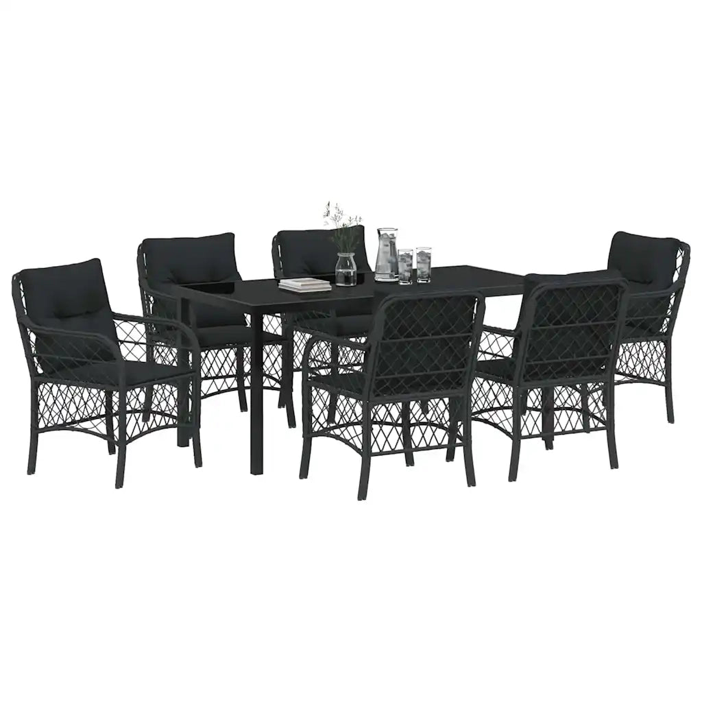 Set da Pranzo per Giardino con cuscino 7 pcs Nero polyrattan