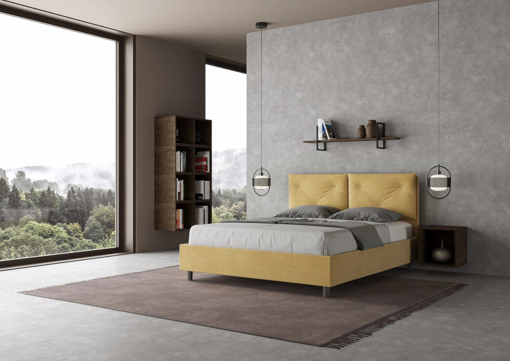 BS COM Letto matrimoniale contenitore doppia alzata imbottito 160x210 microfibra ocra