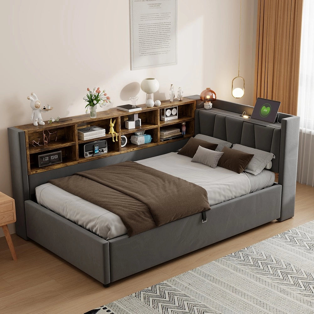 Letto Imbottito Contenitore 90x200 con Luce LED e USB ¨C MINIMAL ¨C Velluto Grigio Scuro