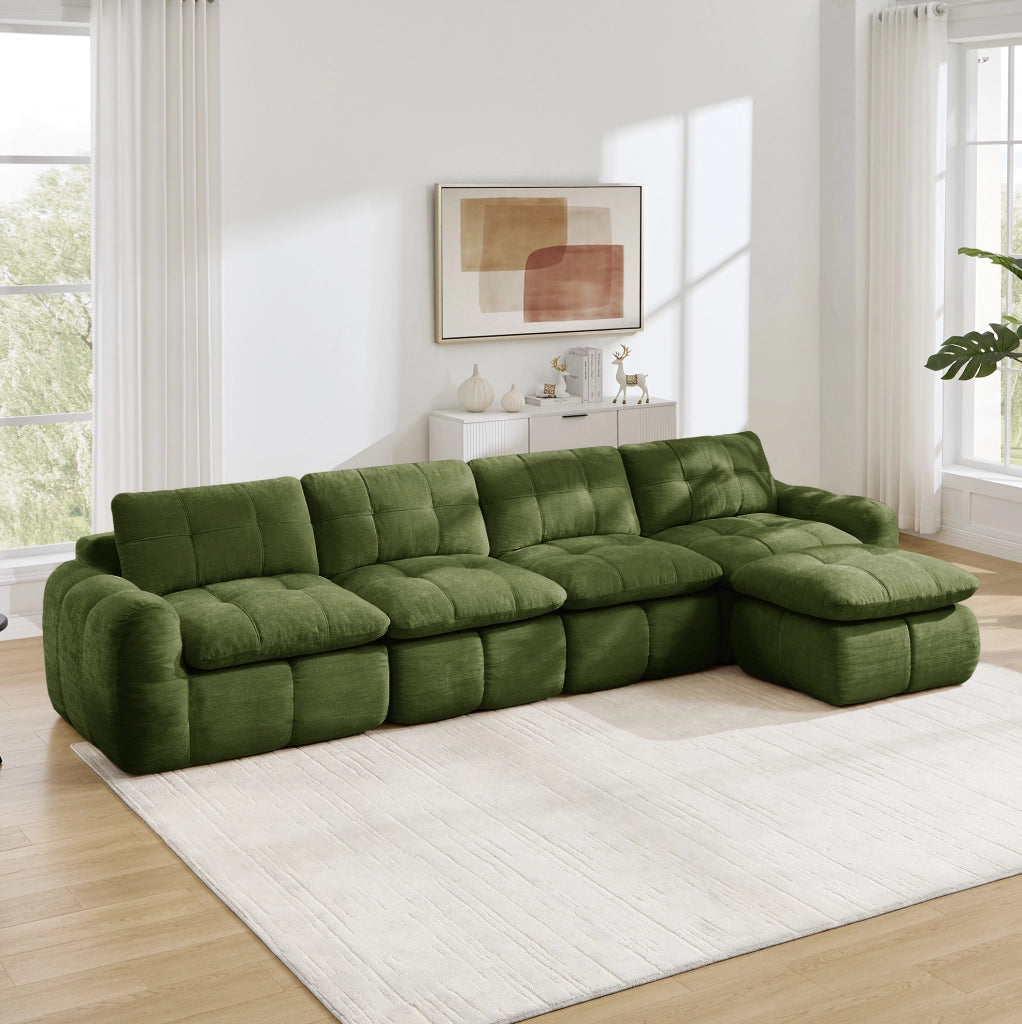 Divano modulare angolare 4 posti con pouf in chenille verde 334x160x68 cm