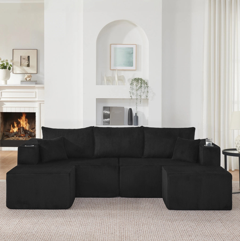 Divano angolare modulare 3 posti con 2 pouf mobili; portabicchieri e tasche laterali; nero