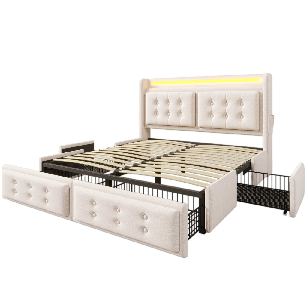 Letto imbottito 160x200 cm con LED; USB e 4 cassetti in cotone lino grigio/beige