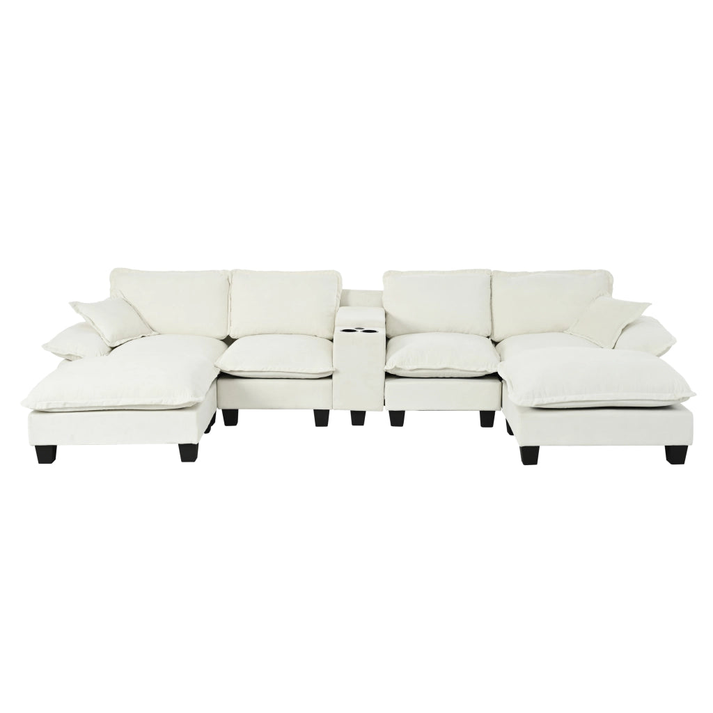 Divano Angolare Modulare con Ottomane ¨C MINIMAL ¨C Chenille Beige, Portabicchieri, USB, Contenitore