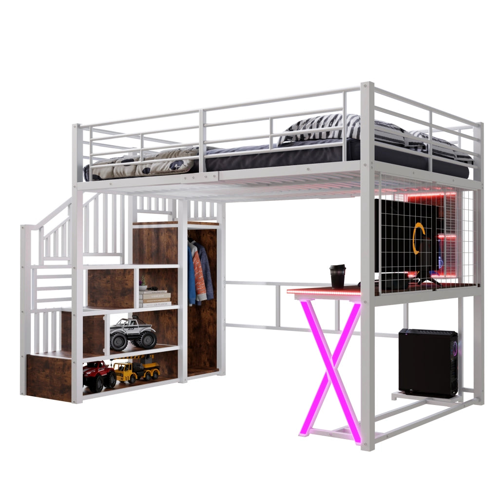 Letto a Soppalco con LED, Scrivania e Armadio ¨C MINIMAL ¨C Bianco 140x200