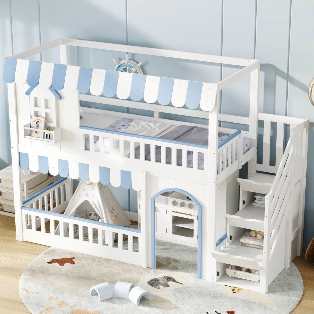 LETTO A CASTELLO per bambini 90x200 cm Bianco+Blu con scala contenitore