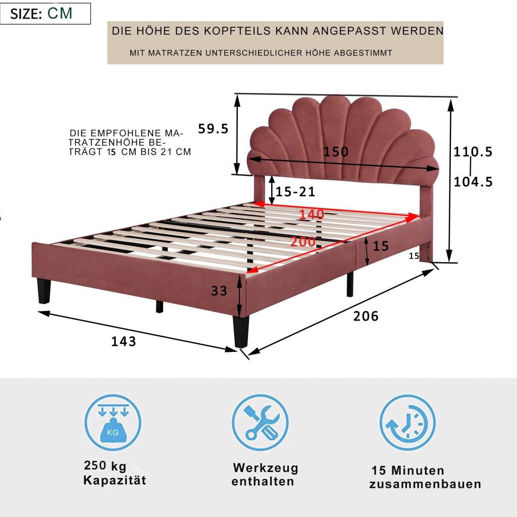 letto imbottito velluto rosso fagiolo 140 x 200 cm