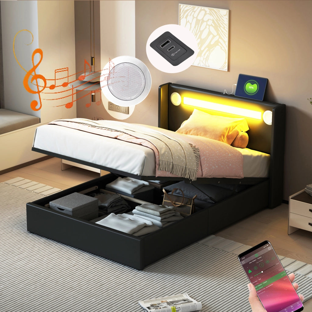 LETTO Bambini 90x200 cm in PU Nero con LED, Bluetooth e USB