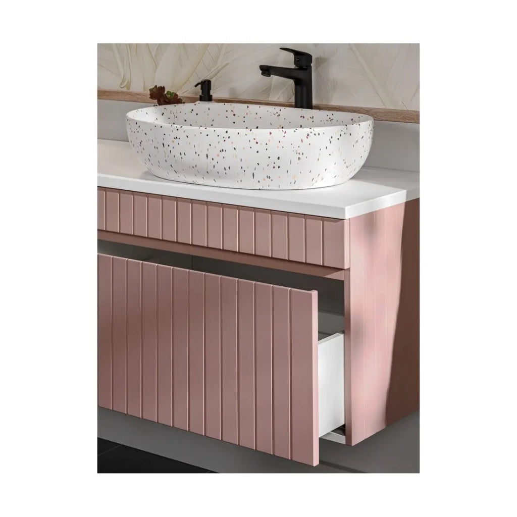 Set ICON: mobile sottolavabo 80cm + piano per lavabo + lavabo da appoggio + specchio + lampada LED + colonna