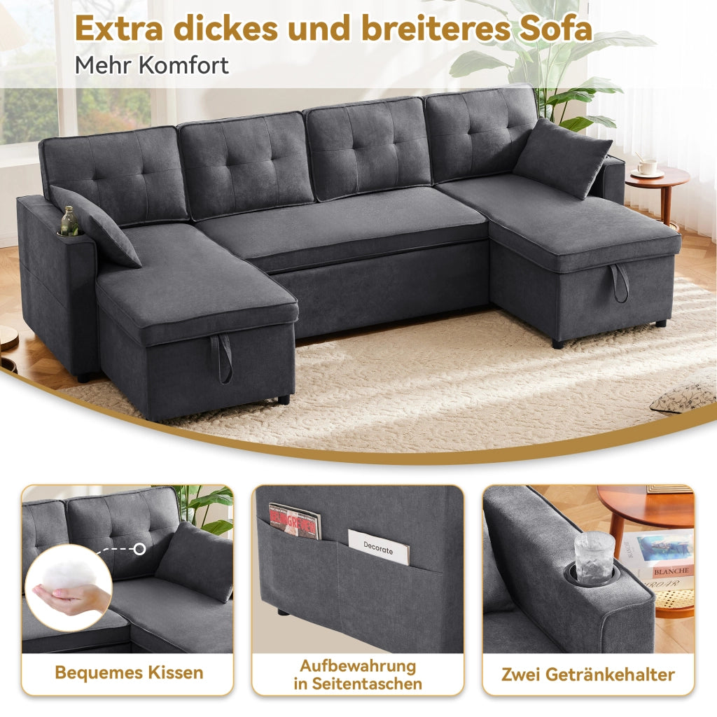 DIVANO LETTO U-form 270x130x86 cm Grigio in tessuto cotone e lino