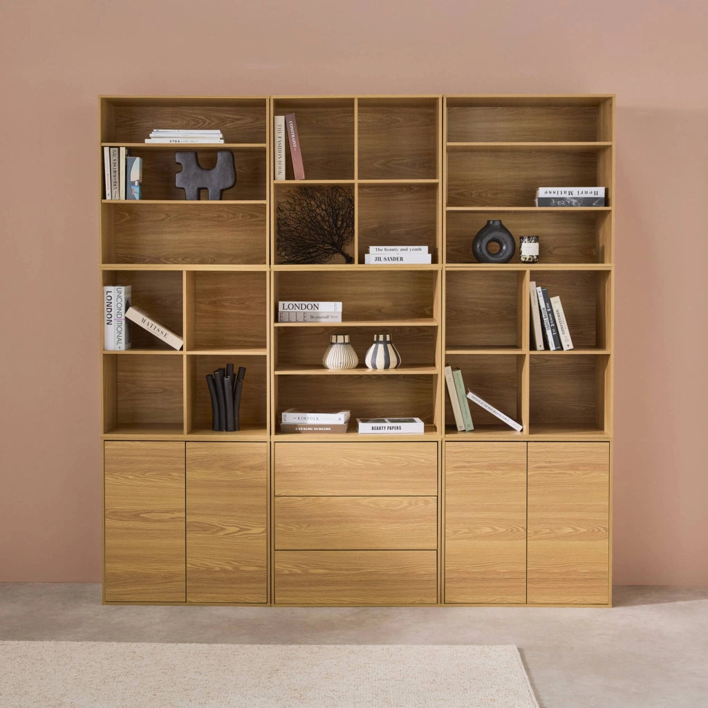 Libreria modulabile decorazione legno 9 elementi, quercia