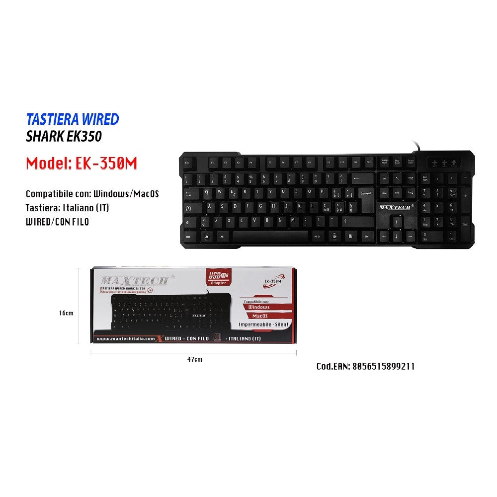Trade Shop - Tastiera Per Pc Computer Usb Con Cavo Impermeabile Windows Maxtech Ek-350m -