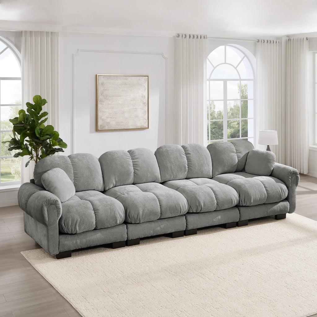 Divano modulare con trapuntatura e cuscino in chenille grigio chiaro 330 × 86 × 90 cm