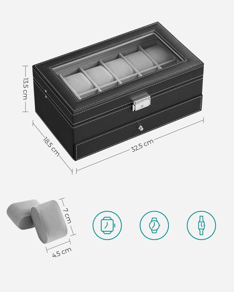 Valora Porta Orologi e Gioielli con 12 Scomparti e Cassetto - Nero