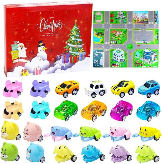 Calendario di Natale 2025 - Auto/Dinosauri - Calendario da Aprire - Calendario da Avere - Regalo per Bambini - Scena di Traffico - Calendario di Giochi