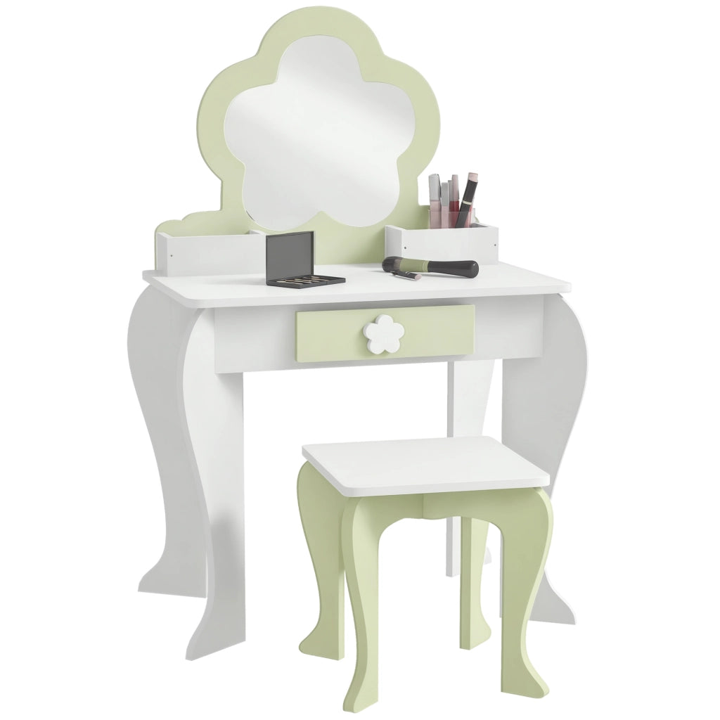 Toletta per Bambini con Specchio e Sgabello ¨C Xylo ¨C 2 Scatole 1 Cassetto 55x34x87,5cm Bianco Verde
