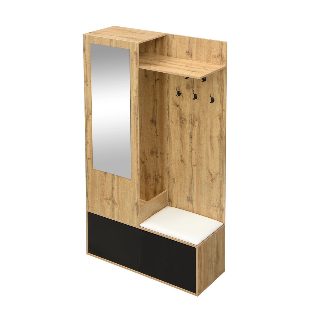 Set guardaroba da ingresso con specchio, 5 ganci appendiabiti, scarpiera e panca, 191x100x38 cm, nero e naturale