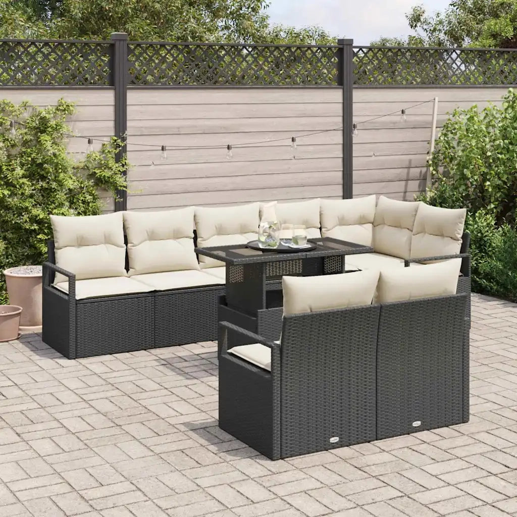 Set Divano da Giardino 9 pcs Nero e Crema polyrattan