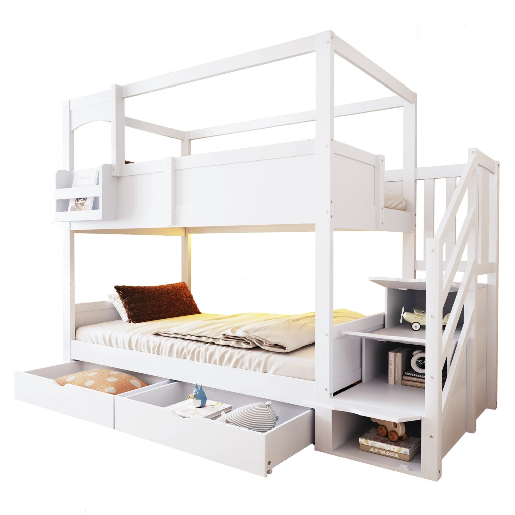 LETTO A CASTELLO 90x200 cm in legno bianco con scala contenitore e lavagna