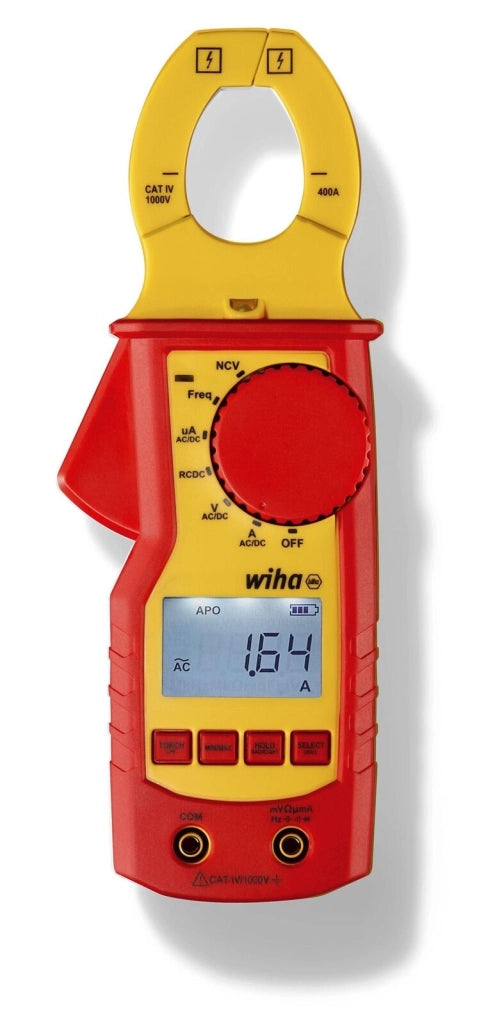 Wiha WH45219 Pinza Amperometrica fino a 1000 V AC CAT IV True RMS Corrente AC DC 400 A con Display LCD Retroilluminato e Torcia Integrata colore Rosso Giallo