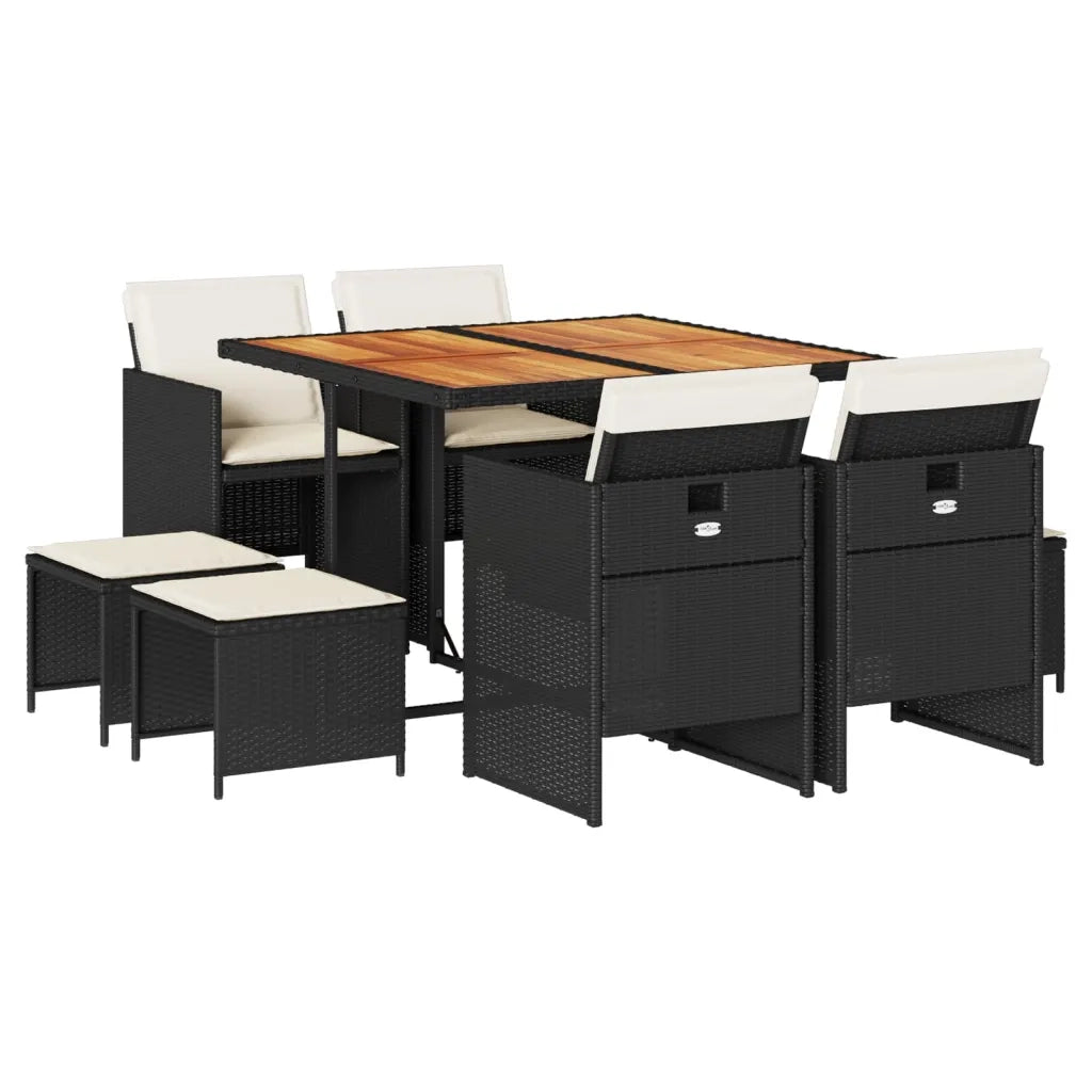 Set da Pranzo da Giardino 9 pz con Cuscini Nero in Polyrattan 3277730