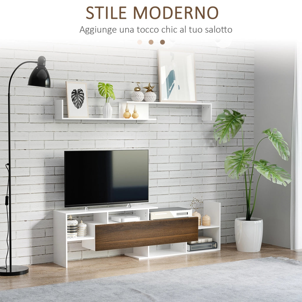 Mobile TV con Ripiani Aperti e Armadietto Chiuso ¨C Minimal ¨C Truciolato Bianco e Marrone