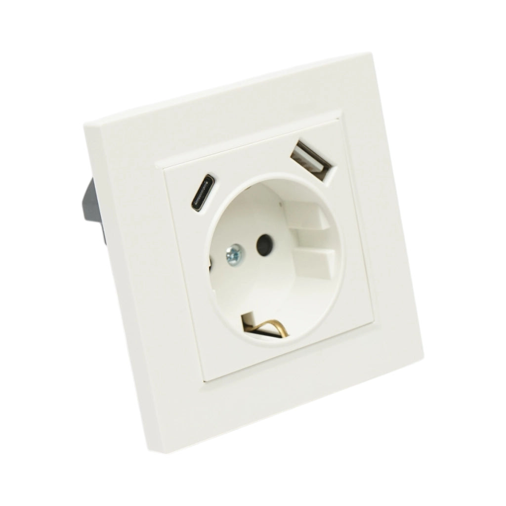 Presa Schuko da incasso bianca 220V, 16A, 2xUSB A+C 5V 2.1A, ABS 80x80mm