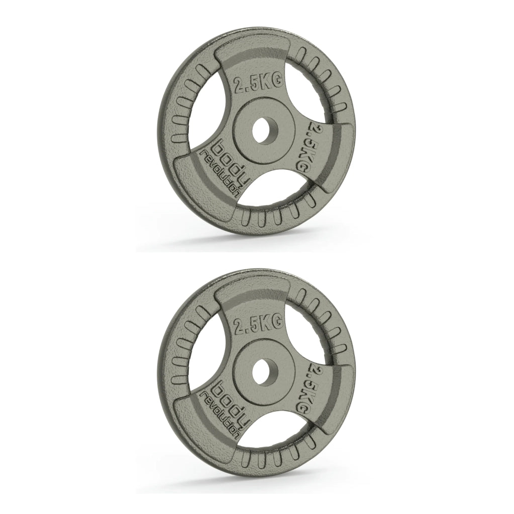 2x2,5kg dischi in ghisa con impugnatura tri-grip e finitura cromata.