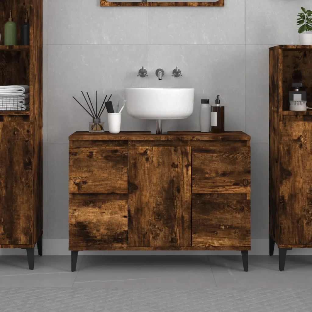 Mobile Lavabo-Armadietto da bagno Rovere Fumo 80x33x60 cm in Legno Multistrato 765305
