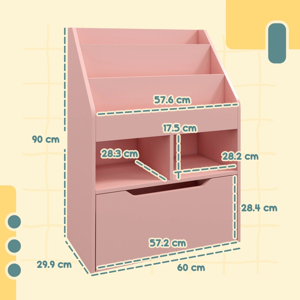 Piccola Libreria per Bambini con Ripiani e Cassetto in MDF, 60x29.9x90cm, Rosa