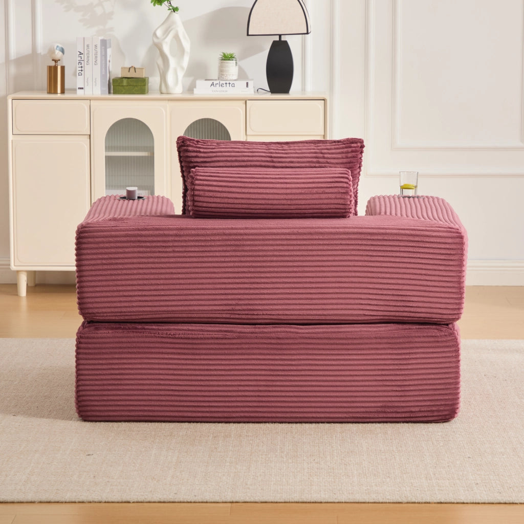 Divano letto modulare con tasche laterali e portabicchieri in velluto a coste rosso vino 122 × 98 × 80 cm