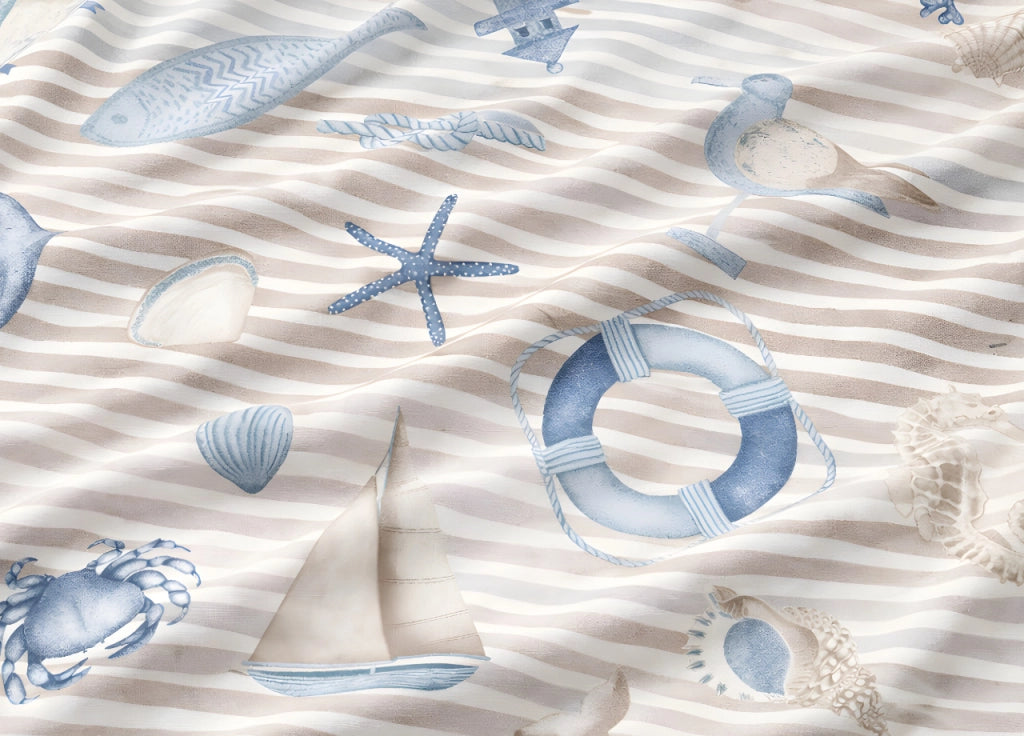 Completo Lenzuola Letto In 100% Cotone Made Italy Disegno Mare - Maxi - Beige