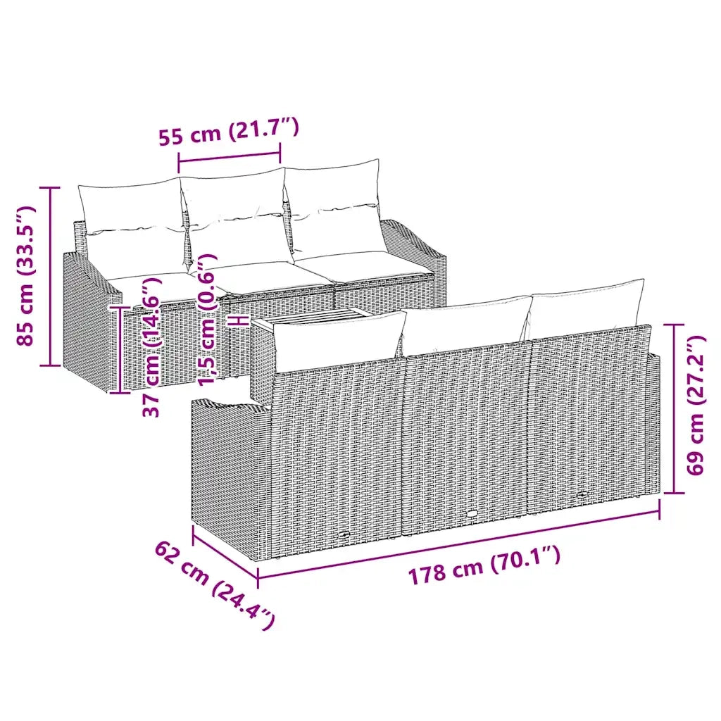 Set Divano da Giardino con cuscino 7 pcs Nero polyrattan 3347779