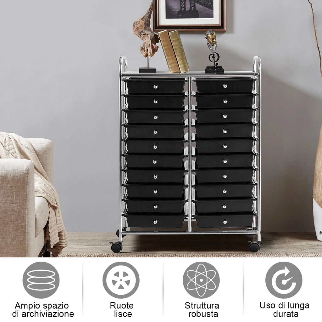 Carrello cassettiera multiuso e leggero con 20 cassetti, Contenitore con ruote per ufficio e casa Nero