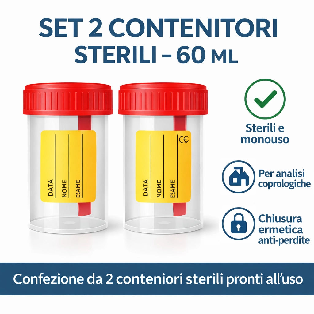 2 Contenitori Sterili Feci 60 ml Monouso con Tappo Ermetico 578943