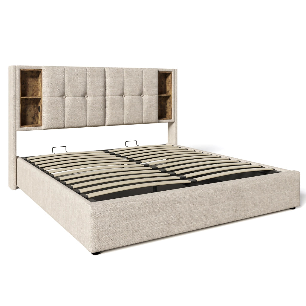 Letto Contenitore Matrimoniale 180x200 cm; USB e Type-C; Ricarica Wireless - Lino