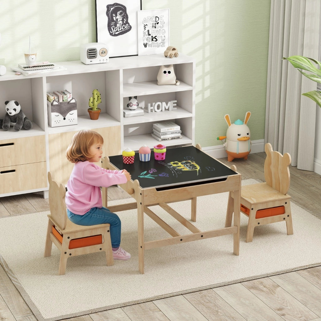 Set tavolo e sedie per bambini con lavagna reversibile bianca e nera per arti, Tavolo mobiletto in legno per bambini Legno naturale-Tavoli e sedie