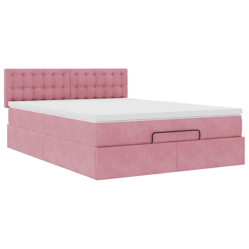 Struttura Letto Pouf con Materasso Rosa 140x200 cm in Velluto 3311926