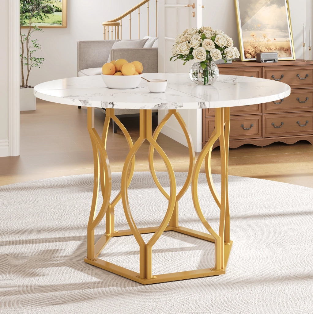 Tavolo da pranzo rotondo 100x100x76 cm in MDF e metallo; bianco e oro