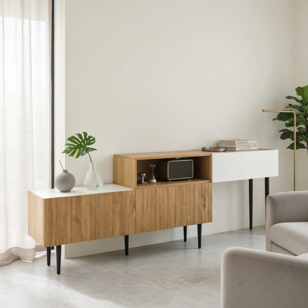 Cassettiera per TV bianca e legno; in MDF e truciolare; lunghezza 240 cm