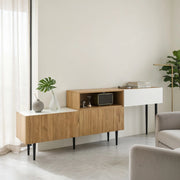 Cassettiera per TV bianca e legno; in MDF e truciolare; lunghezza 240 cm