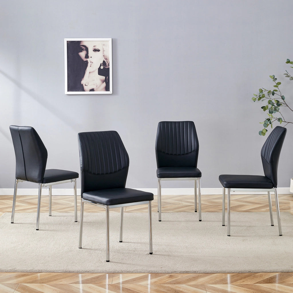 Set 4 Sedie da Pranzo ¨C MINIMAL ¨C Similpelle Nera, Gambe in Metallo Argento