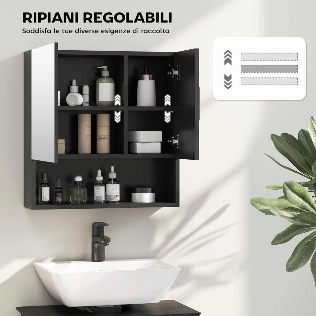 Armadietto Specchiera Bagno in Legno con Mensole Regolabili e Ripiano Aperto ¨C Zephmum ¨C Nero 54x15.2x55.3 cm