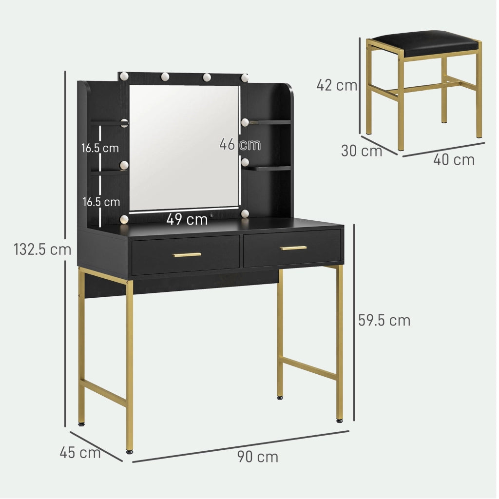 Toeletta Trucco con Specchio 10 Lampadine e Sgabello Imbottito, con 2 Cassetti e Ripiani ¨C Minimal ¨C Nero