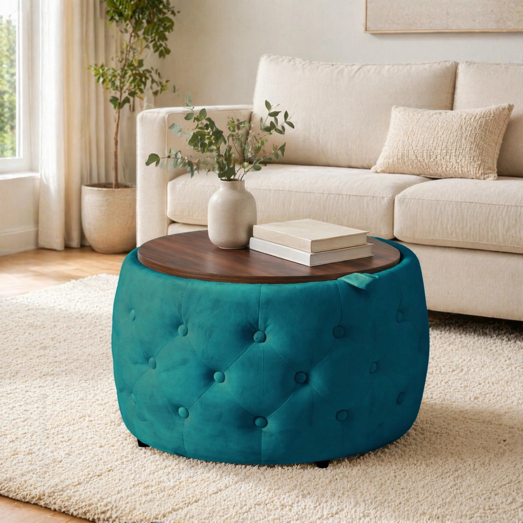 POUF Contenitore Rotondo in Velluto Blu Set da 2 pezzi 58 cm
