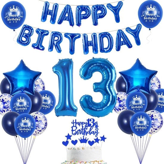 Decorazione di compleanno per ragazzi di 13 anni - palloni blu - decorazione di festa per ragazzi - 13° compleanno - decorazione per torta - adatto per ragazzi e bambini