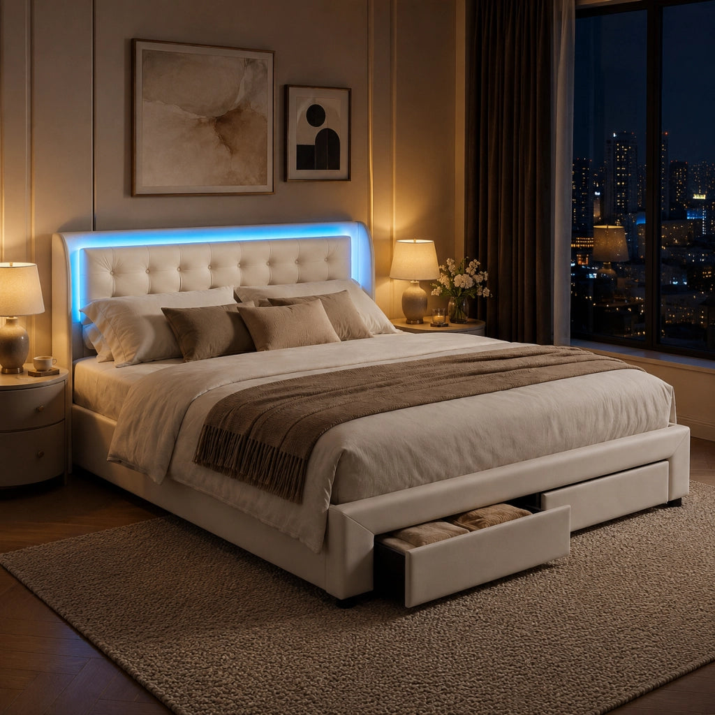 Letto matrimoniale contenitore idraulico 140x190 cm, imbottito velluto beige, testiera LED RGB telecomandata, 2 cassetti, 350kg