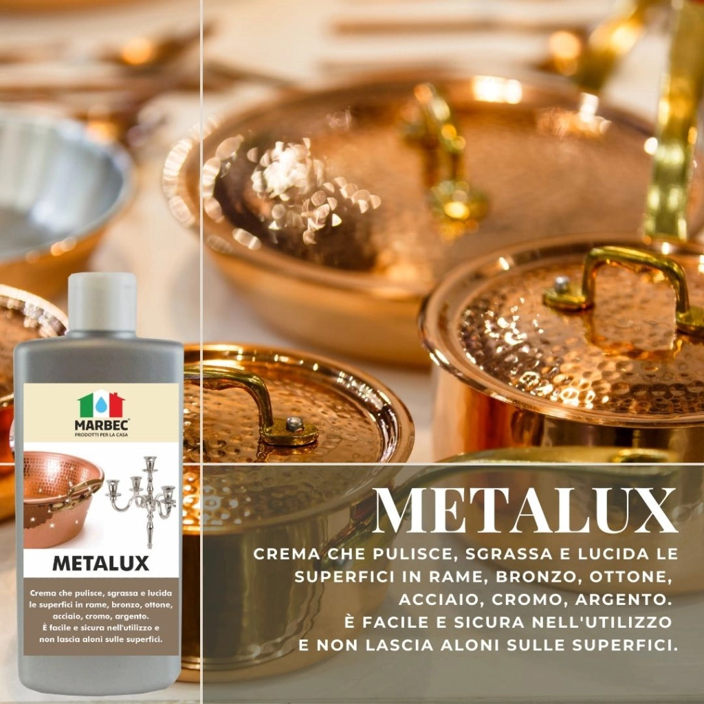 Crema lucidante metalli, pulizia e brillantezza in un solo gesto, ideale per rame e acciaio Marbec METALUX - 250GRx6Pz