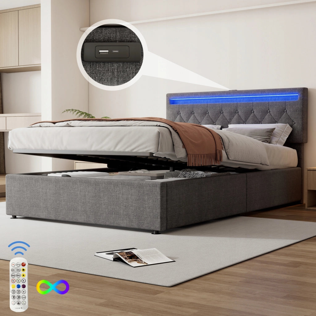 Letto 140x200 con LED e USB - Xylo - Idraulico, Grigio