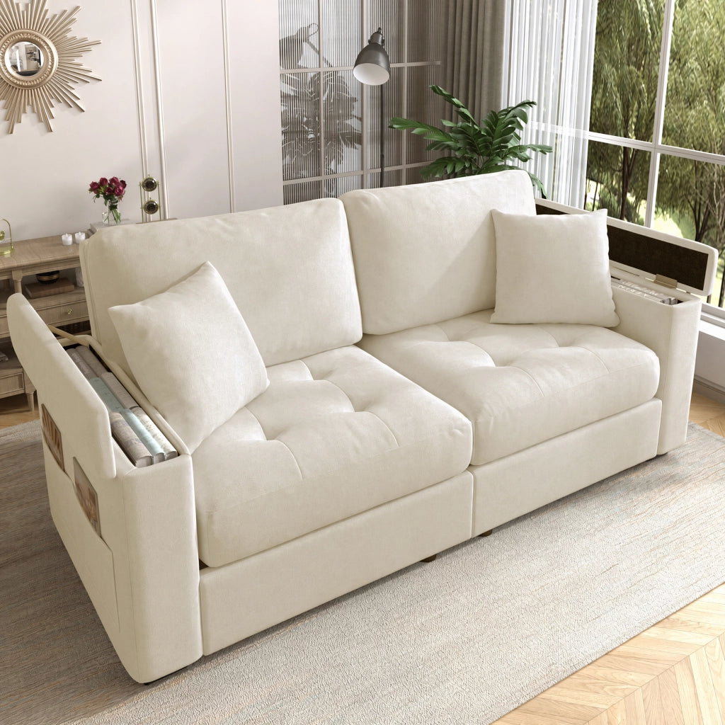 Divano dritto 2 posti con vano portaoggetti nei braccioli e tasche laterali, in Chenille, Beige